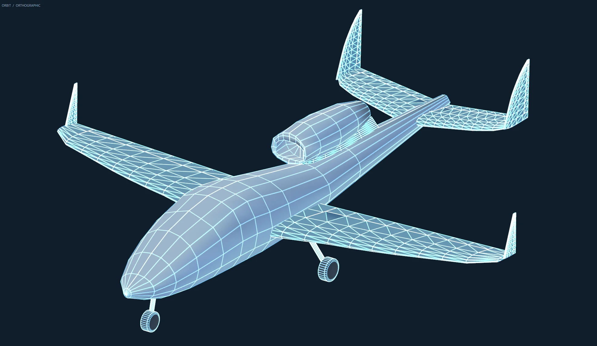Wireframe aircraft geometry with swept wings and a dorsal engine nacelle